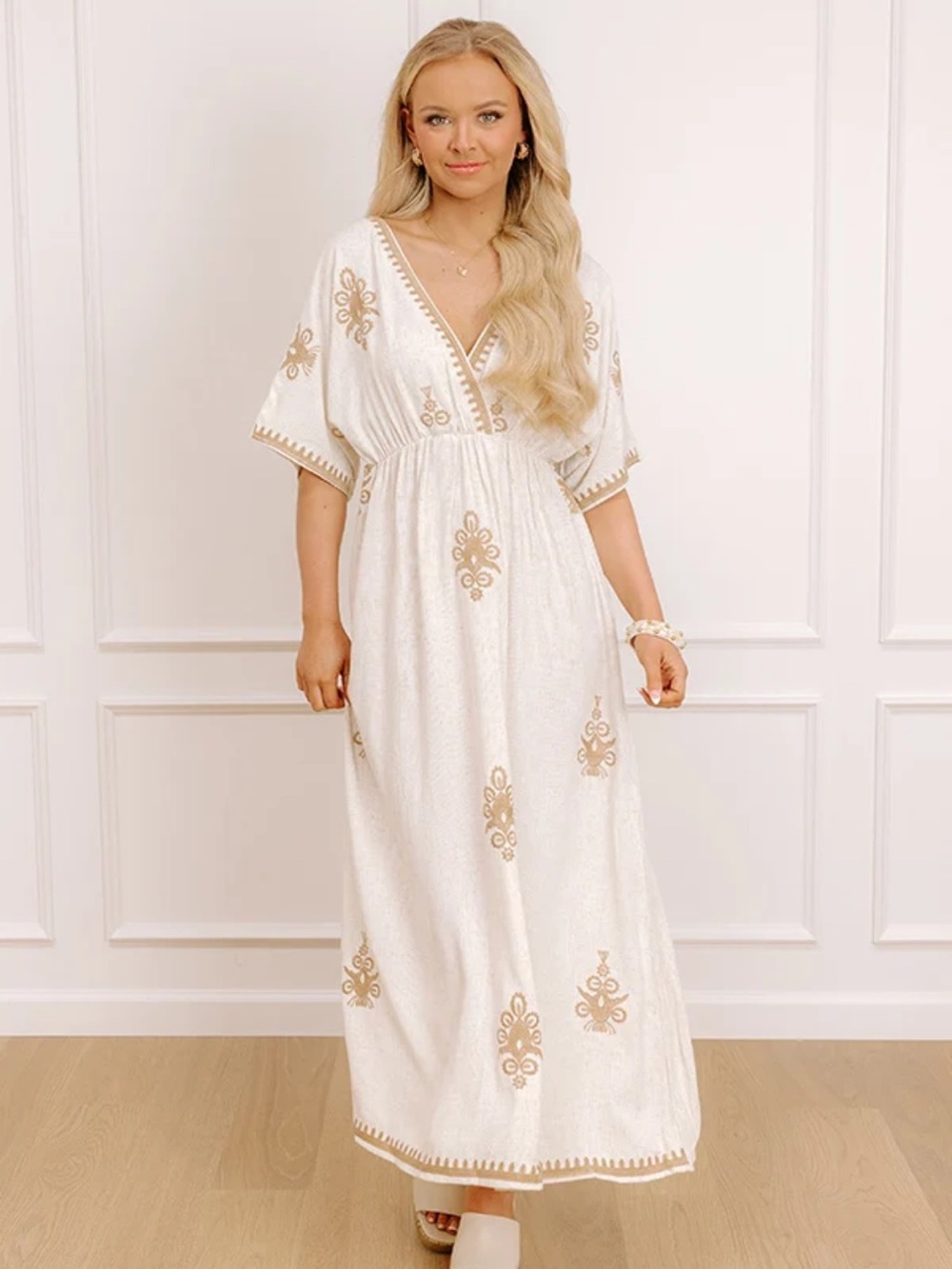 Embroidered V-Neck Maxi Dress